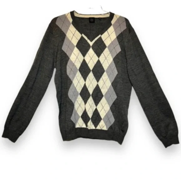 Saks Fifth Avenue Mens Pullover Sweater Gray Argyle V Neck Wool Long Sleeve M - Picture 4 of 8